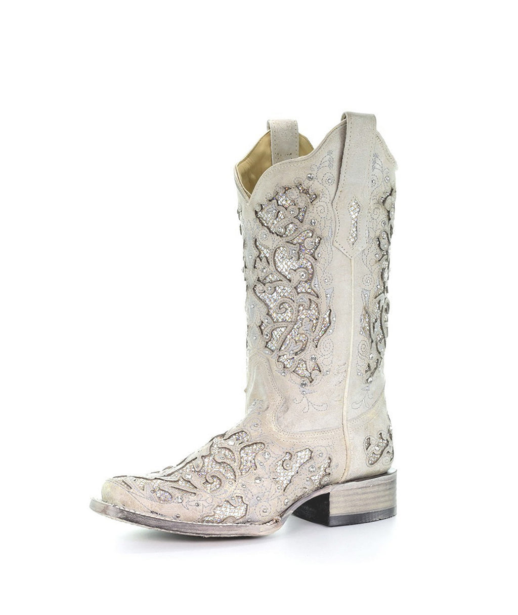 Corral Glitter Inlay Crystal Studded | Square Toe | White