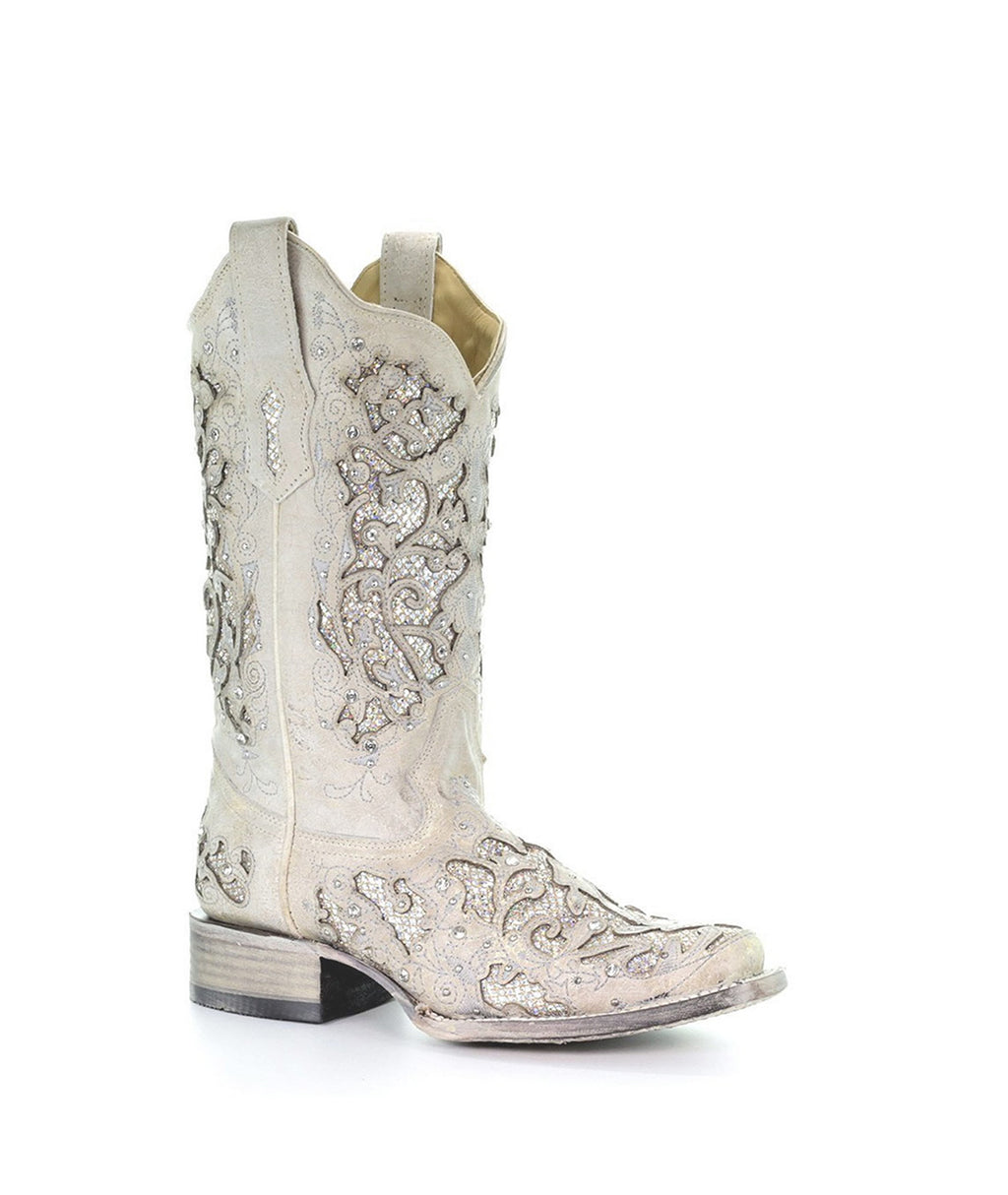 Corral Glitter Inlay Crystal Studded | Square Toe | White