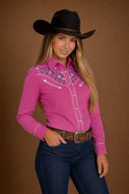 Daisy Bloom Embroidery Cowgirl Shirt | Berry Pink
