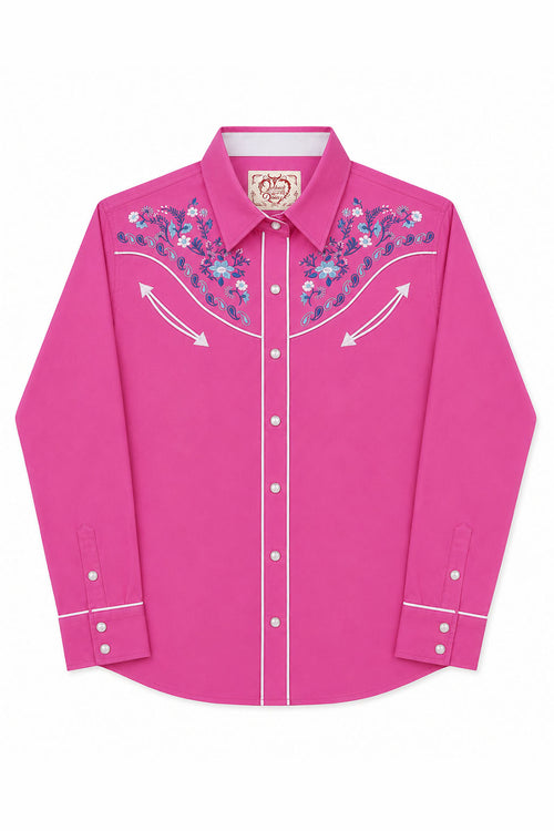 Daisy Bloom Embroidery Cowgirl Shirt | Berry Pink