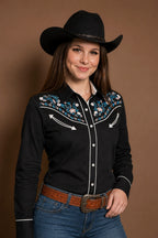 Daisy Bloom Embroidery Cowgirl Shirt | Midnight Pearl