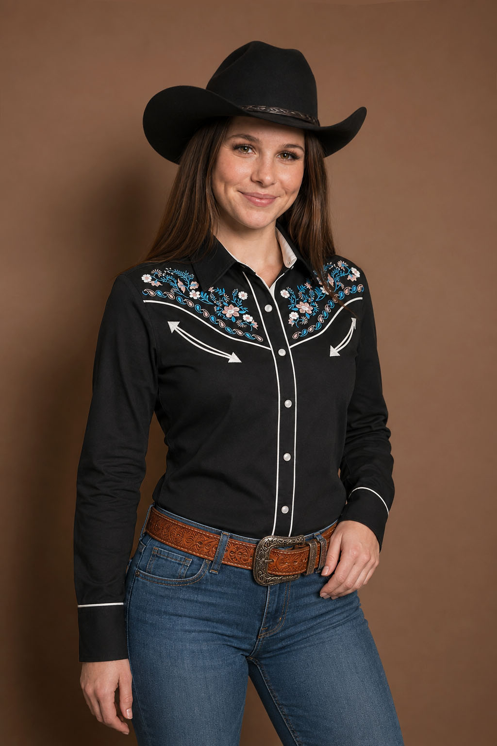 Daisy Bloom Embroidery Cowgirl Shirt | Midnight Pearl