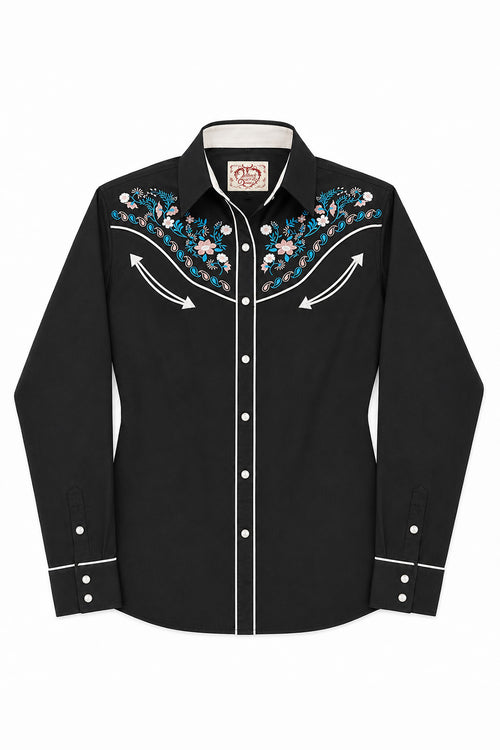 Daisy Bloom Embroidery Cowgirl Shirt | Midnight Pearl