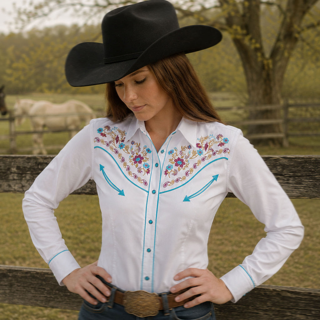 Daisy Bloom Embroidery Cowgirl Shirt | Turquoise Pearl