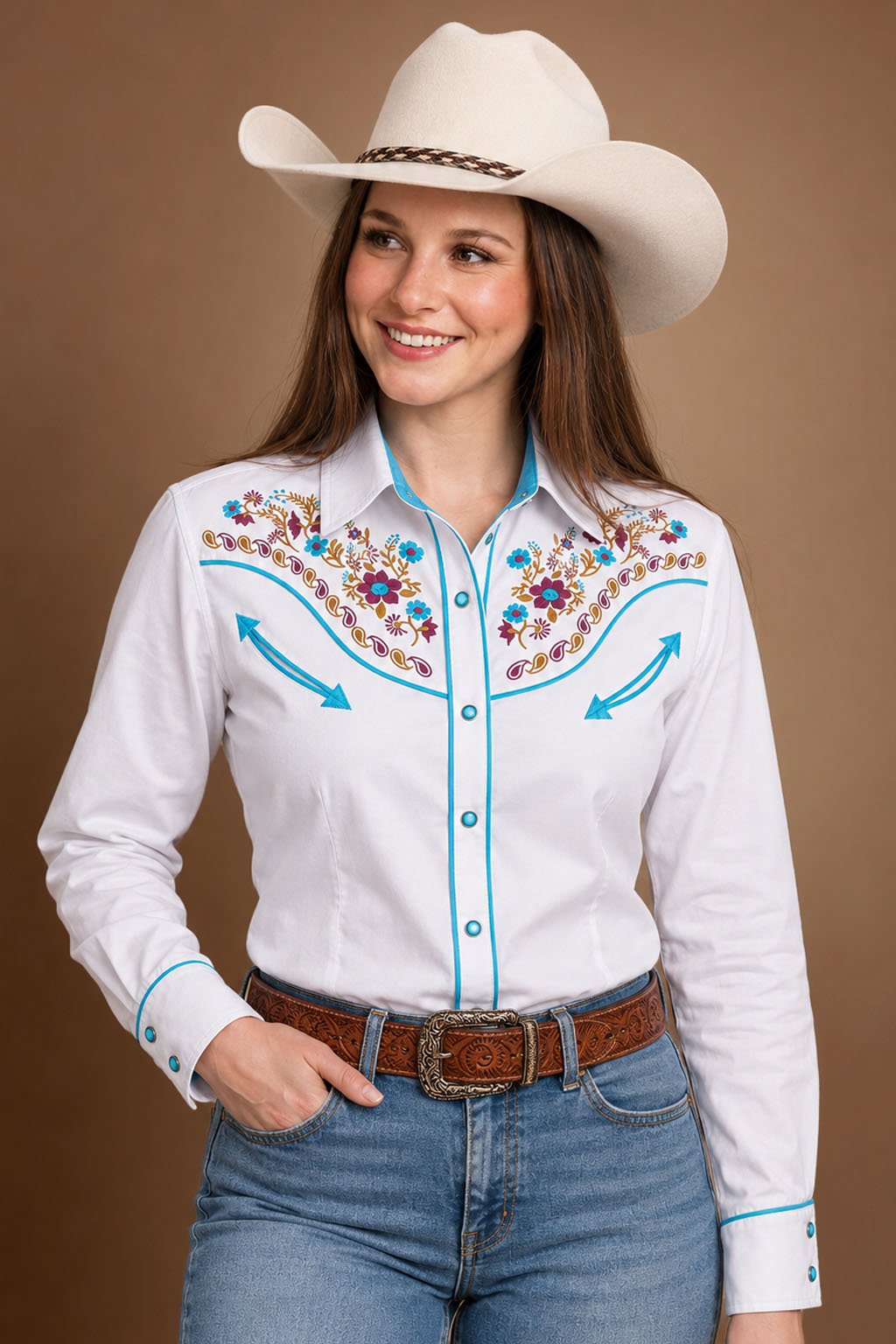 Daisy Bloom Embroidery Cowgirl Shirt | Turquoise Pearl
