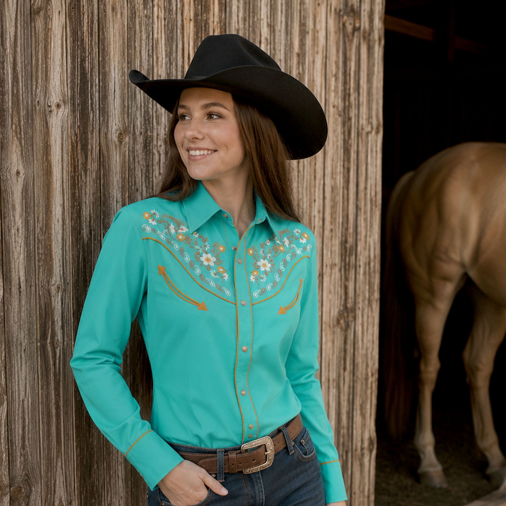 Daisy Bloom Embroidery Cowgirl Shirt | Western Jade