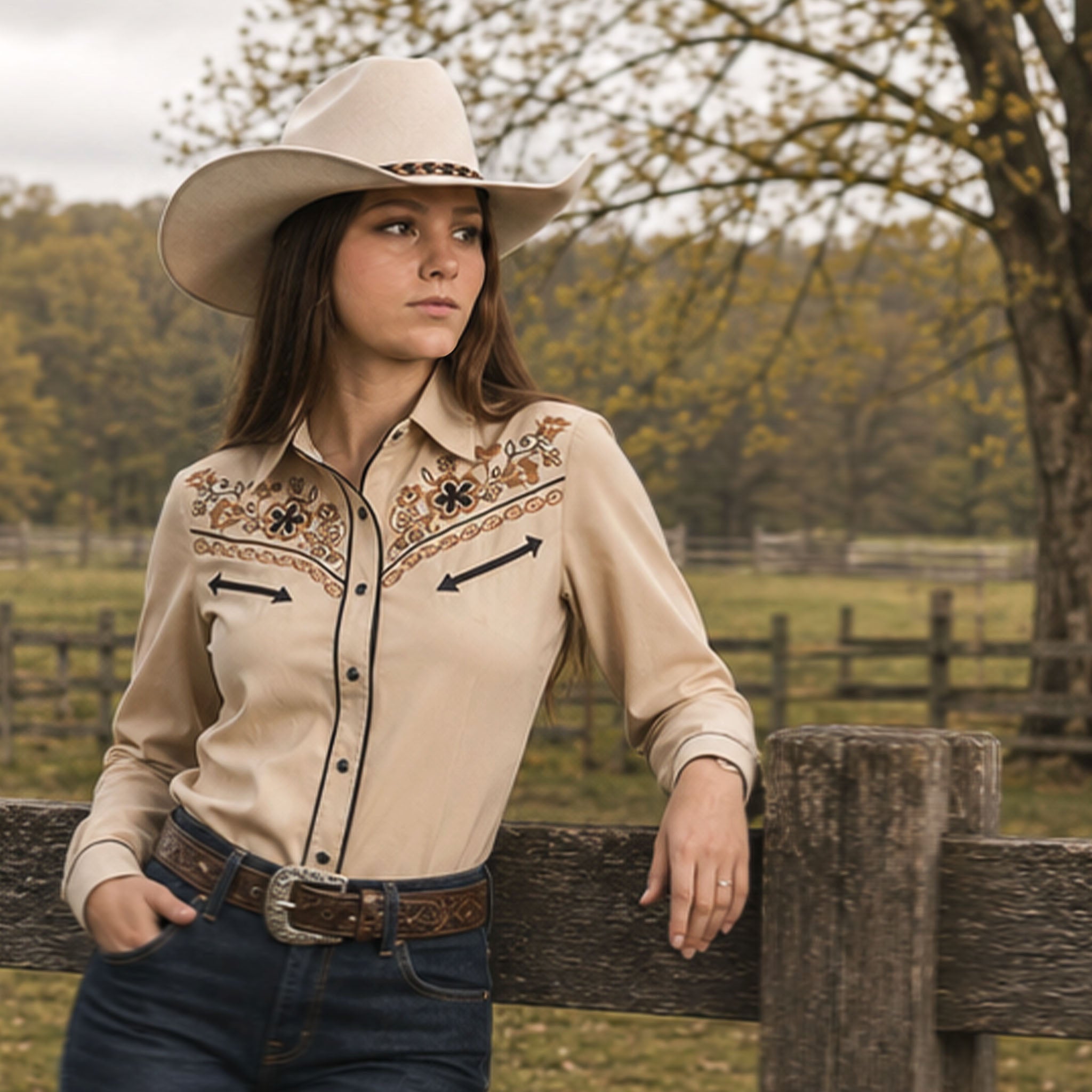 Desert Daisy Embroidery Cowgirl Shirt | Desert Sand