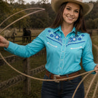 Desert Daisy Embroidery Cowgirl Shirt | Turquoise Sky