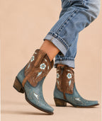 Circle G Desert Sky Floral Embroidery Ankle Boot | Snip Toe | Blue/Brown