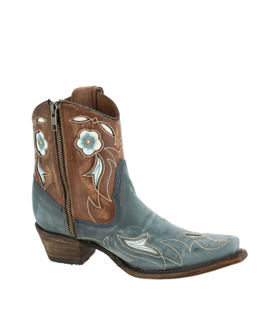 Circle G Desert Sky Floral Embroidery Ankle Boot | Snip Toe | Blue/Brown
