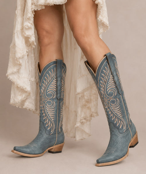 Circle G Feather Scroll Embroidery | Snip Toe | Blue Distressed