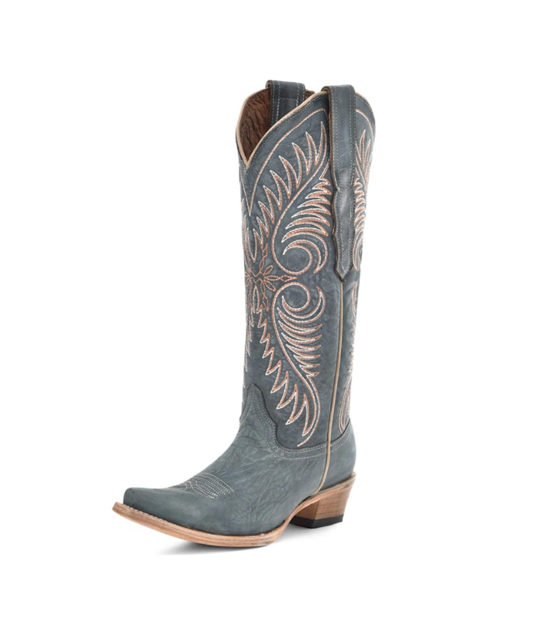 Circle G Feather Scroll Embroidery | Snip Toe | Blue Distressed
