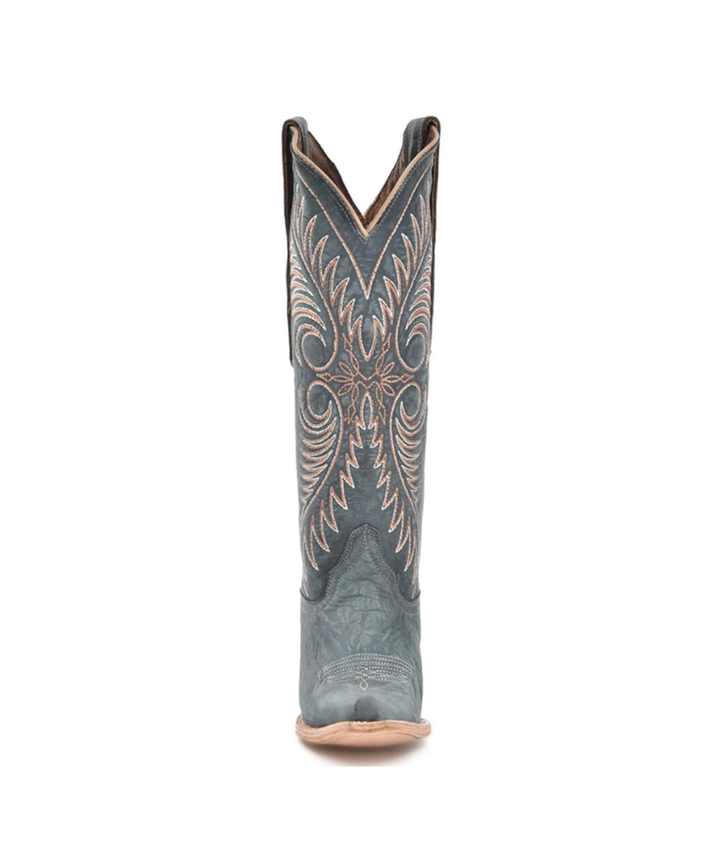 Circle G Feather Scroll Embroidery | Snip Toe | Blue Distressed