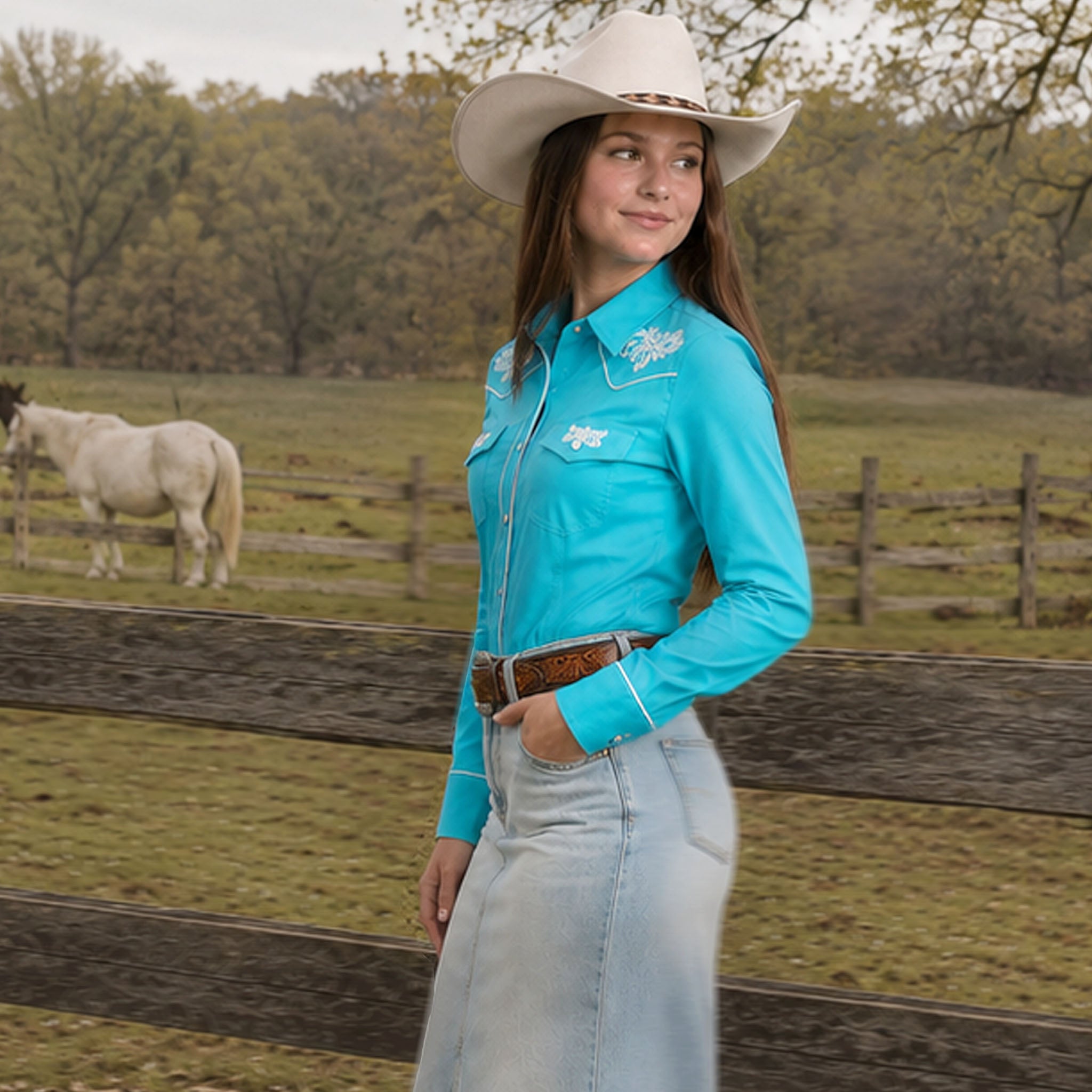 Prairie Embroidery Cowgirl Shirt | Turquoise Sky