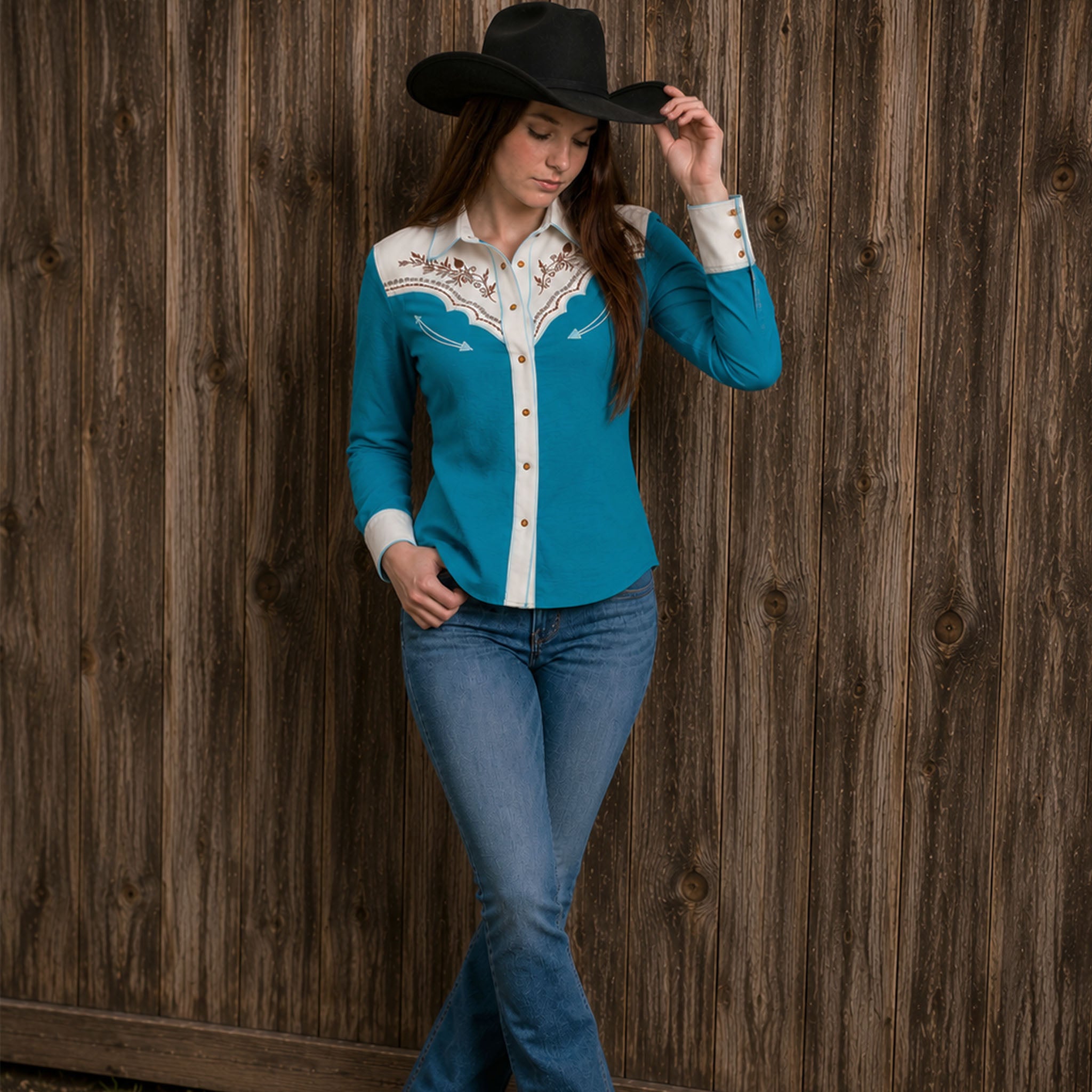 Prairie Vine Embroidery Cowgirl Shirt | Desert Turquoise