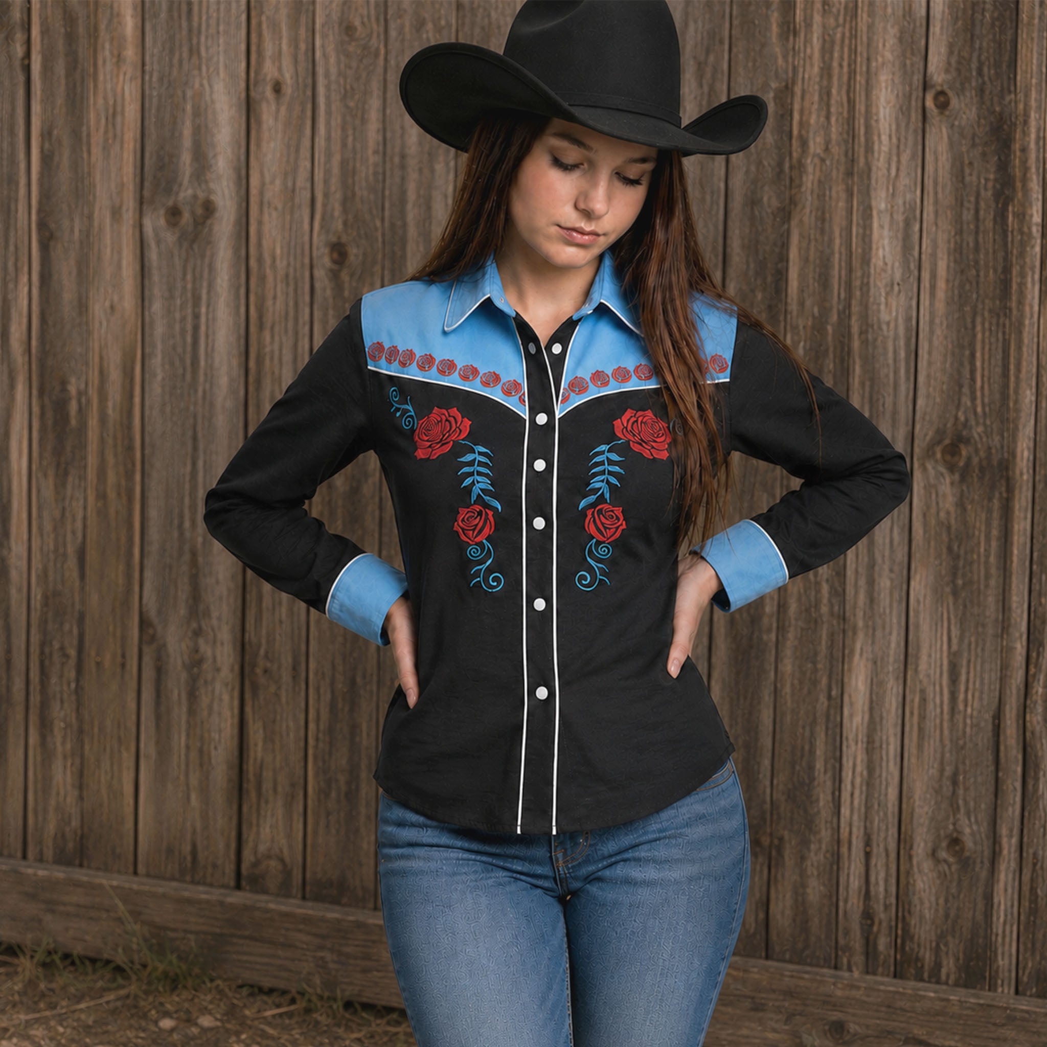 Wild Rose Embroidery Cowgirl Shirt | Vintage Turquoise