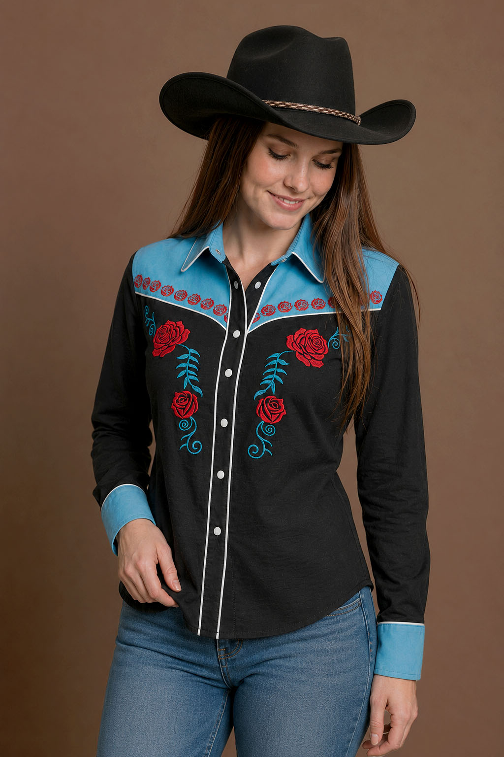 Wild Rose Embroidery Cowgirl Shirt | Vintage Turquoise