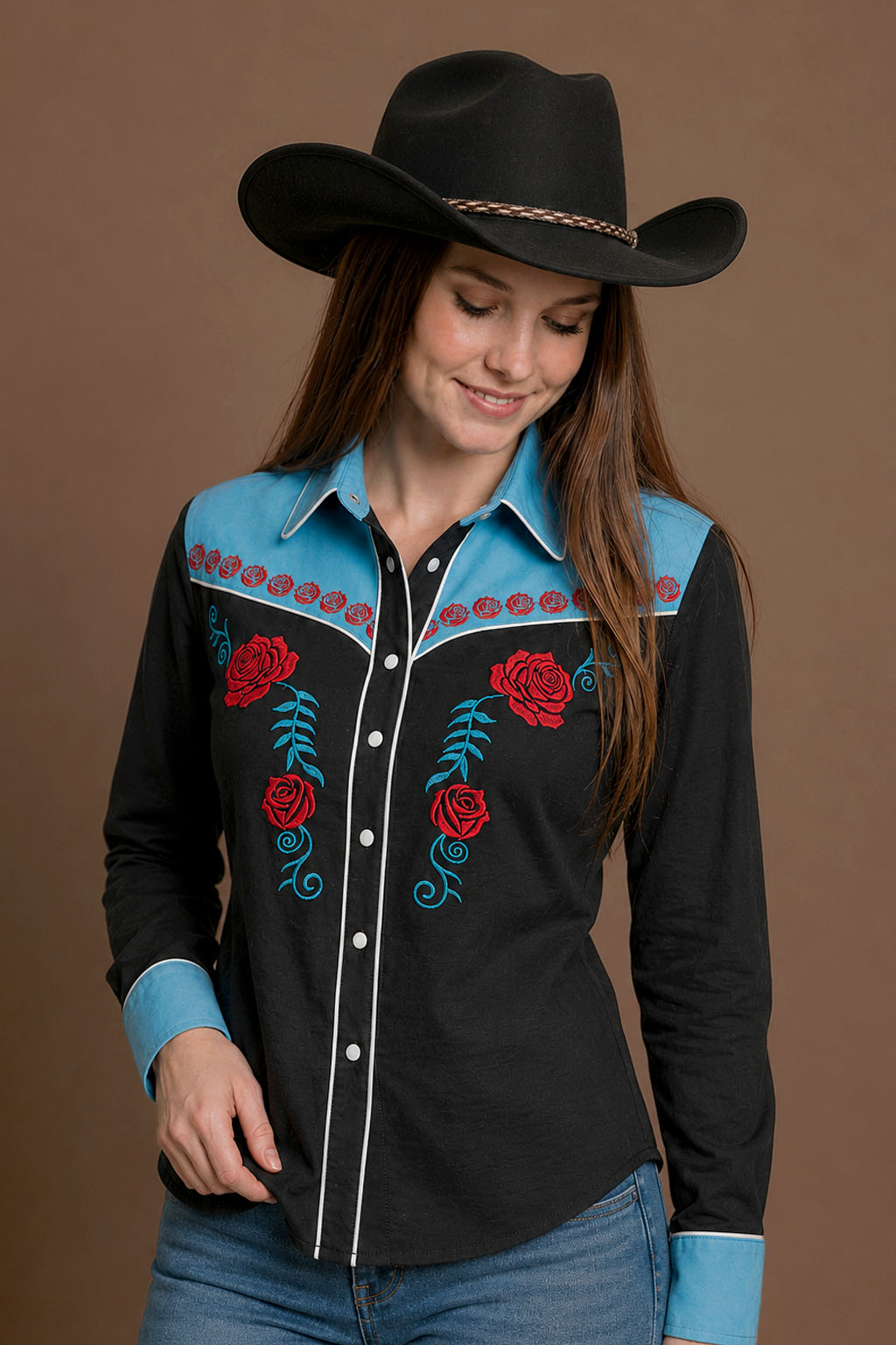 Wild Rose Embroidery Cowgirl Shirt | Vintage Turquoise